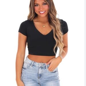 Better Be Black Cropped V-Neck Tee 🖤 Size Small | Soft & Stretchy